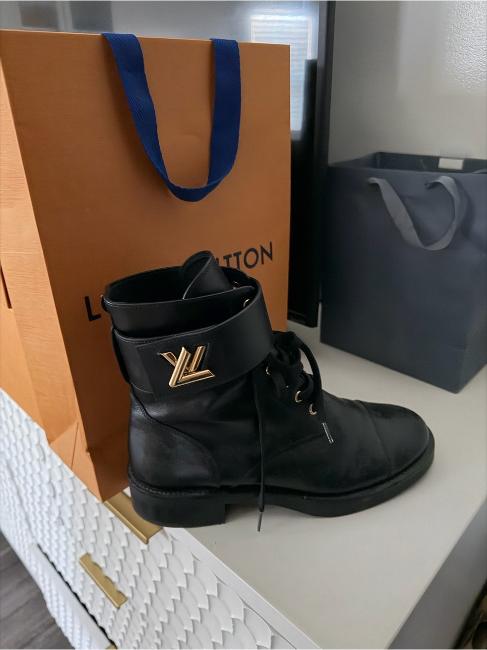 Louis Vuitton Black Leather Men’s Lace-Up Ankle Boot with Gold LV Accent